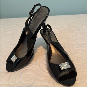 Black peep toe sandals with jewel detail